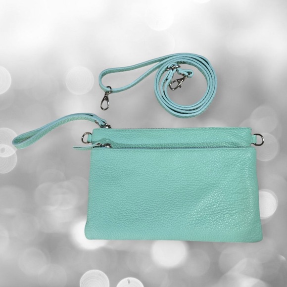 Borse in Pelle Small Wristlet Clutch Purse/Crossbody Italian Leather Mint - Picture 7 of 7